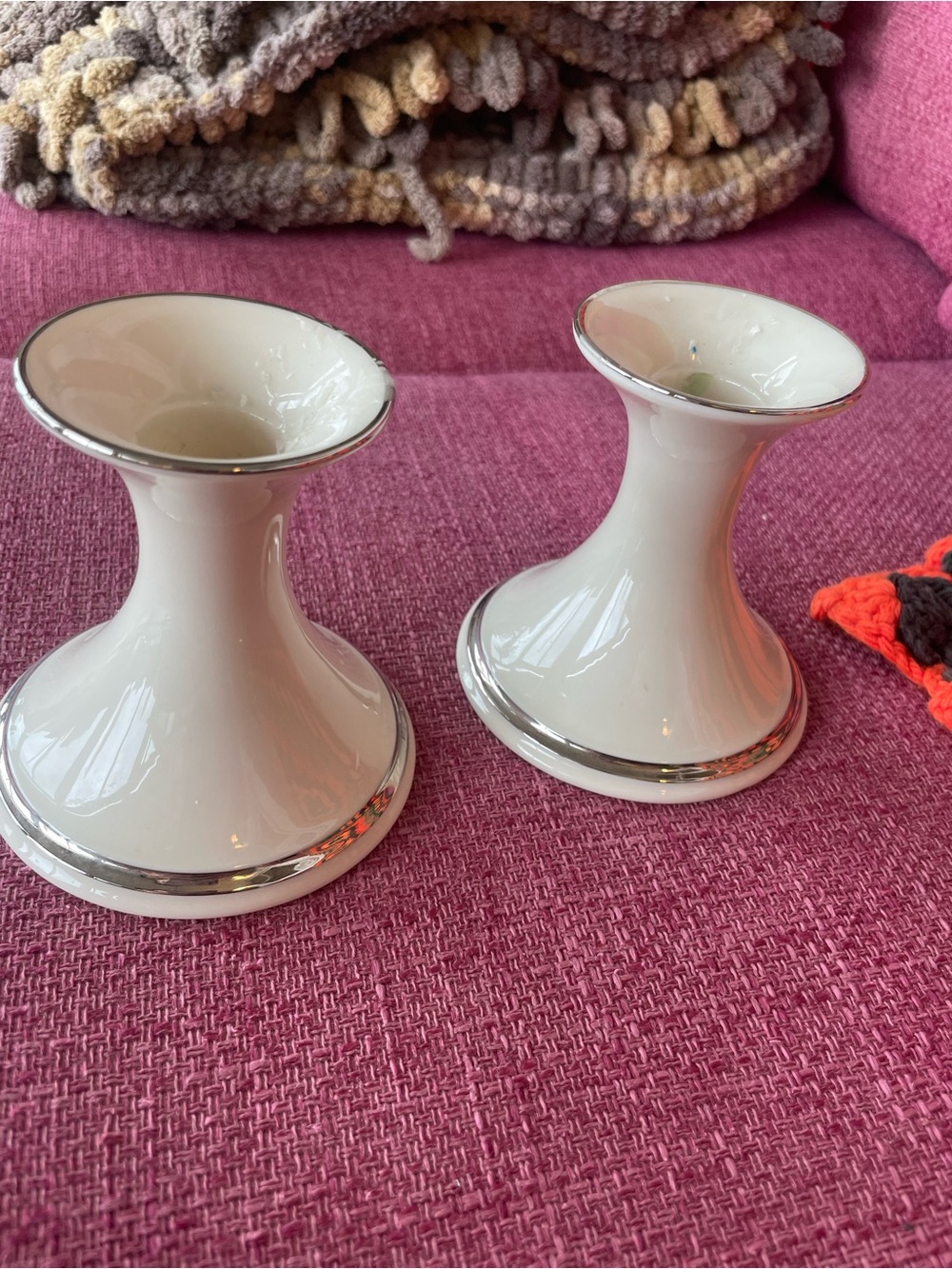 Lenox Cream Ceramic Candlestick Holders with Silver Trim